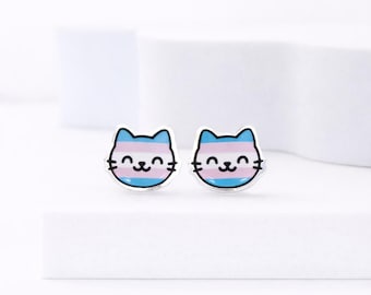 Pendientes de gato del orgullo trans · Pendientes LGBTQ Kawaii · Pendientes de gato adorables · Hipoalergénicos · Regalo de joyería del orgullo