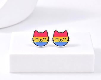 Pan Pride Cat Earrings, Titanium Posts, LGBTQ+ Jewelry