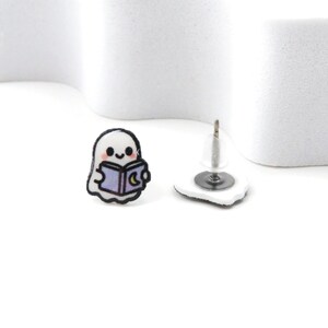 KAWAII Ghost Reading Earrings • Cute Halloween Book Lover Jewelry • Ghost Studs with • Spooky Gift for Readers • Nickel Safe image 4