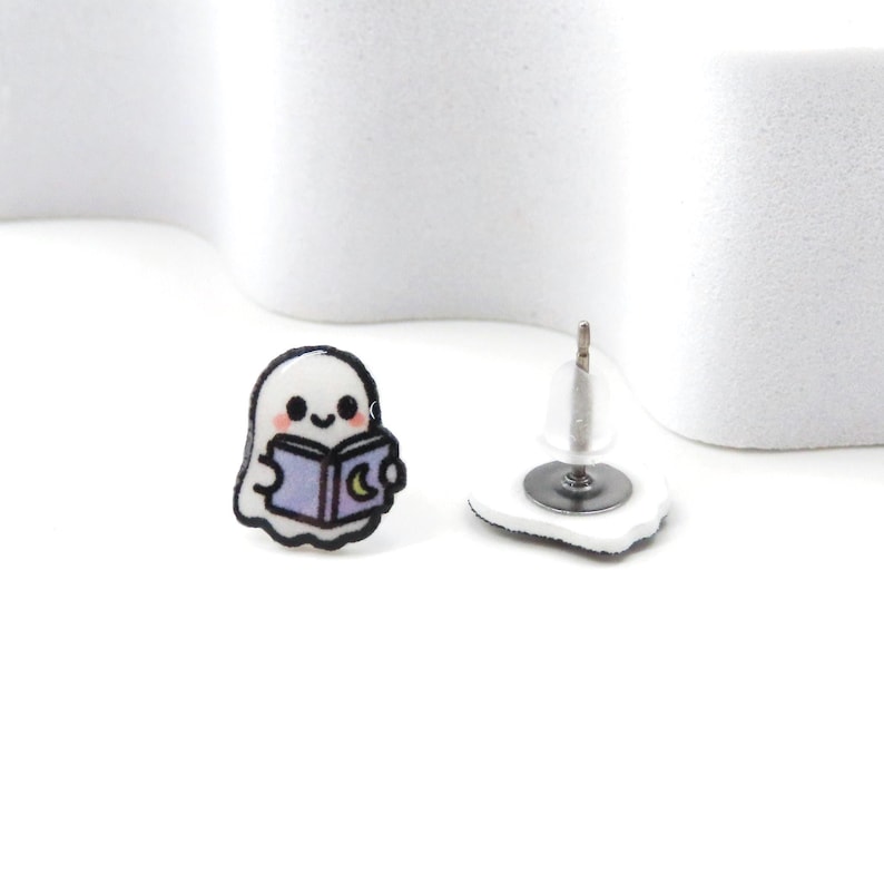 KAWAII Ghost Reading Earrings • Cute Halloween Book Lover Jewelry • Ghost Studs with • Spooky Gift for Readers • Nickel Safe image 4