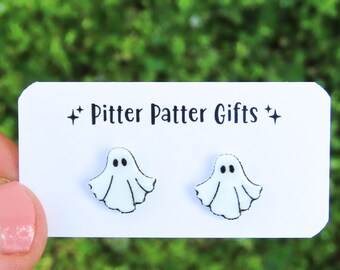 White Ghost Earrings, Spooky Cute Halloween Earrings, Titanium Posts for Sensitive Ears