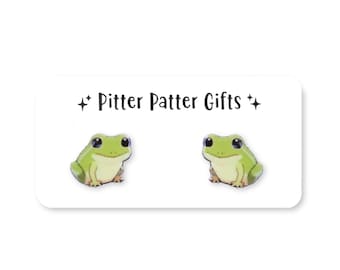 Green Frog Earrings, Frog Studs