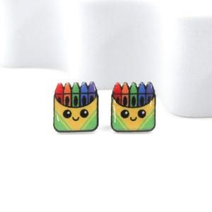 Crayon Box Earrings · Teacher Gift · Back to School Jewelry · Hypoallergenic Studs for Sensitive Ears · Cute Classroom Accessories