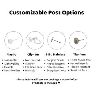 a collection of earring backs in various materials and designs, including plastic, clip-on, 316L stainless steel, and titanium.