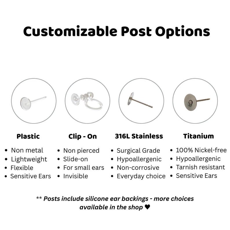 a collection of earring backs in various materials and designs, including plastic, clip-on, 316L stainless steel, and titanium.