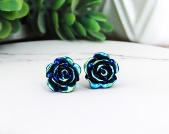 Black Rose Earrings | Black Rose Studs | Gothic Valentine | Gothic Romance | 10mm Studs | Titanium