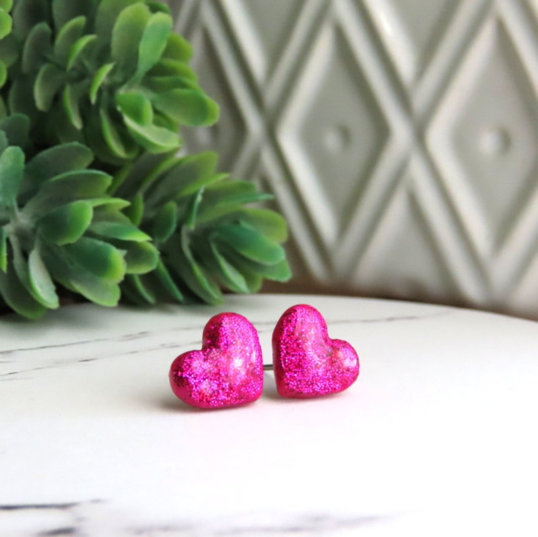 Glitter Heart Earrings, Berry Pink Heart Earrings, Dark Pink Earrings