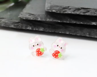 Bunny Rabbit Earrings | Strawberry Bunny Earrings | Cute Earrings | Kawaii Earrings | Easter Bunny | Titanium Earrings