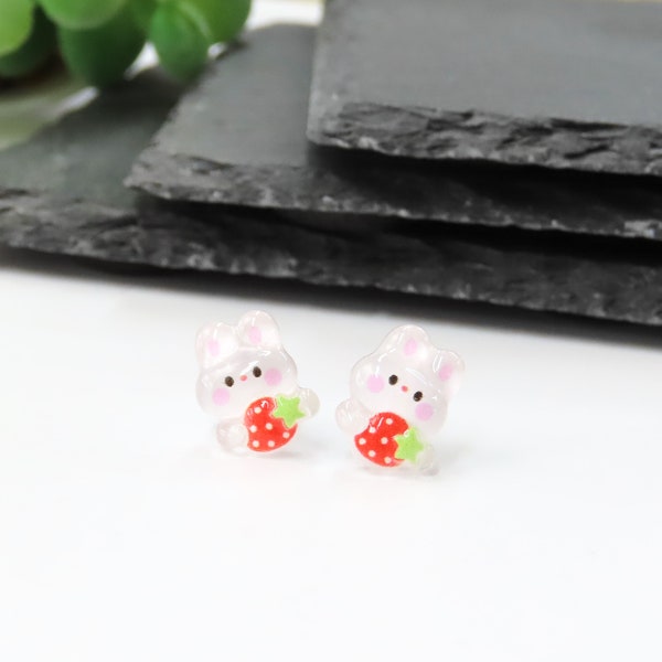 Bunny Rabbit Earrings | Strawberry Bunny Earrings | Cute Earrings | Kawaii Earrings | Easter Bunny | Titanium Earrings