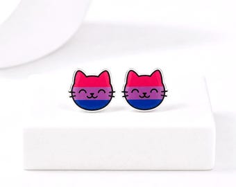 Bi Pride Earrings · LGBTQ+ Jewelry, Kawaii Cat Earrings, Hypoallergenic Titanium Posts