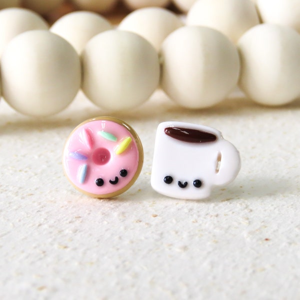 Coffee and Donut Earrings, Food Earrings, Teacher Appreciation Gift, Kawaii Style, Mismatched Earrings, Titanium Posts
