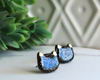 Black and Gold Sparkle Cat Earrings, Titanium Post Earrings, Cat Jewelry, Hypoallergenic