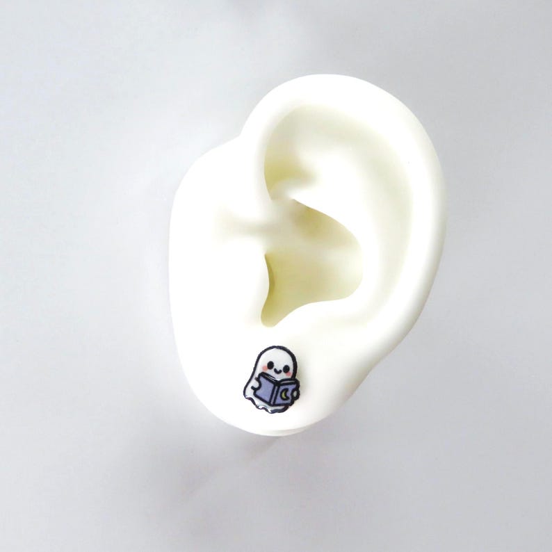 KAWAII Ghost Reading Earrings • Cute Halloween Book Lover Jewelry • Ghost Studs with • Spooky Gift for Readers • Nickel Safe image 3