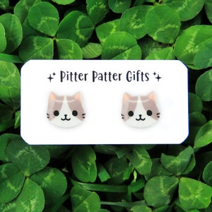 WHITE and GRAY Cat Earrings, Cute Earrings, Titanium Earrings, Hypoallergenic, Nickel Free for Sensitive Ears