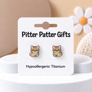 Cat Loaf Earrings, Cute Kawaii Cat Earrings, Hypoallergenic Titanium Posts for Sensitive Ears Brown
