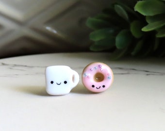 TINY Coffee and Donut Earrings | Cute Food Earrings | Barista Gift | Teen Gift | Titanium for Sensitive Ears