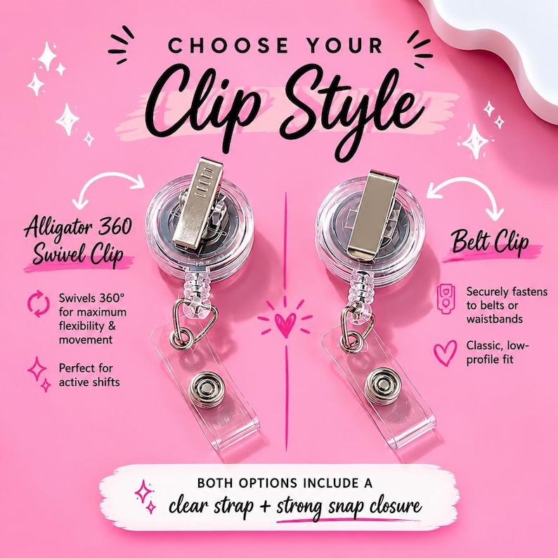 Puede incluir: Imagen sobre fondo rosa que muestra dos estilos de clip para portatarjetas: Alligator 360 Swivel Clip y Belt Clip. Ambos tienen una correa transparente y un cierre a presi&oacute;n fuerte. El texto dice "Elige tu estilo de clip".