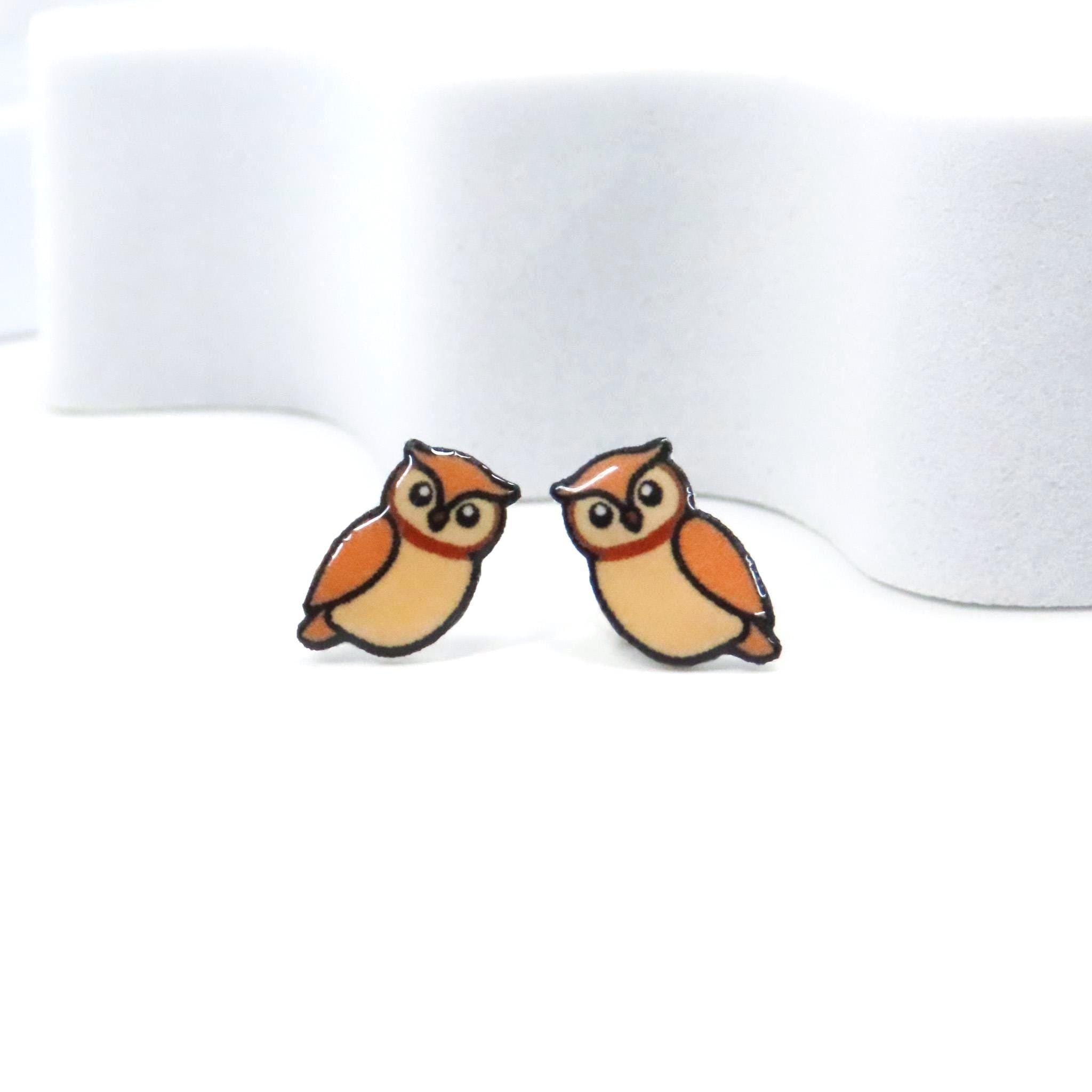 Cute Owl Stud Earrings • Hypoallergenic Titanium Posts • Woodland Animal Earrings • N