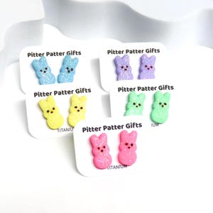 Easter Marshmallow Bunny Earrings, Miniature Food Jewelry, Pastel Spring Studs, Basket Filler