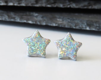 Silver Holographic Star Earrings, 10mm Glitter Star Studs, Hypoallergenic Titanium for Sensitive Ears
