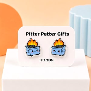 DUMPSTER FIRE Earrings, Kawaii Funny Earrings, Titanium Posts Hypoallergenic for Sensitive Ears