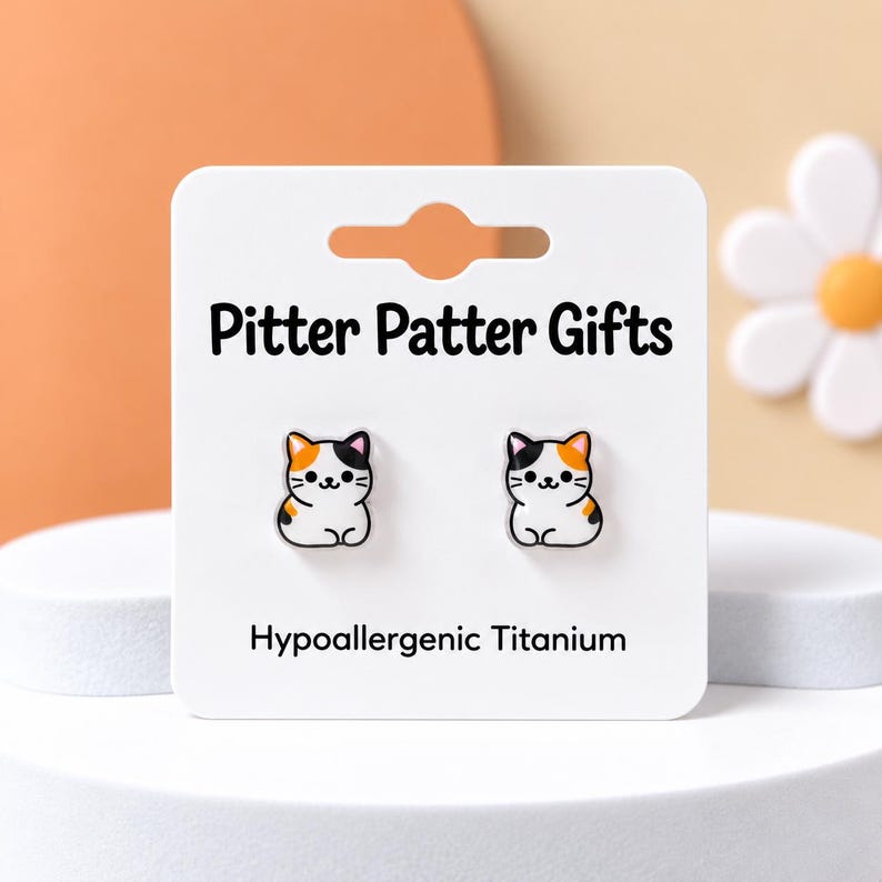 Cat Loaf Earrings, Cute Kawaii Cat Earrings, Hypoallergenic Titanium Posts for Sensitive Ears Calico cats