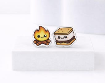 Smores Campfire Earrings, Titanium Posts, Food Jewelry, Kawaii Earrings