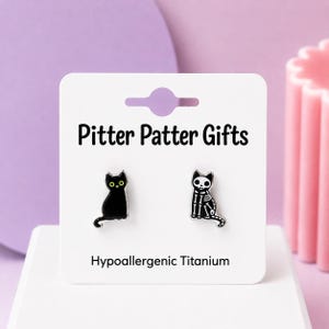Skeleton Cat Earrings, Halloween Black Cat, Witchy Jewelry, Hypoallergenic Posts for Sensitive Ears