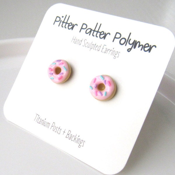 Pink Donut Earrings, Food Earrings, Foodie Gift, 10mm Circle Studs, Food Jewelry