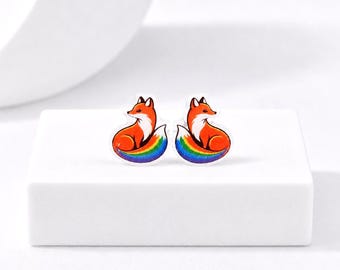 Rainbow Pride Fox Earrings, LGBTQ+ Jewelry, Hypoallergenic Titanium Posts