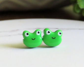 Green Frog Earrings,  Kawaii Earrings, Cute Earrings, Titanium Earrings for Sensitive Ears, Nickel Free and Hypoallergenic, Dainty Studs