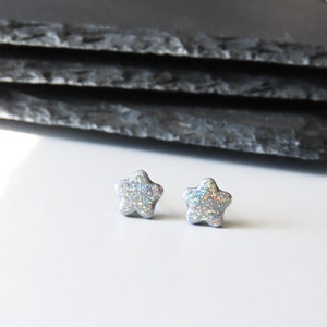 TINY Star Earrings | 6mm | Silver Stars | Holographic Glitter | Petite Star Studs | Everyday Earrings | Titanium Posts and Backings