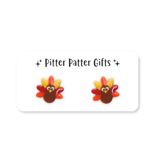 Thanksgiving Turkey Earrings, Fall Earrings, Customizable Post Options; Plastic Post, Clip On, 316L Surgical Stainless or Titanium Earrings