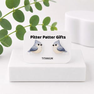 May include: A pair of stud earrings featuring illustrated blue and cream-colored birds on a white display card labeled Pitter Patter Gifts and TITANIUM. The earrings are shaped like small birds with dark eyes and beaks, presented on a white base.