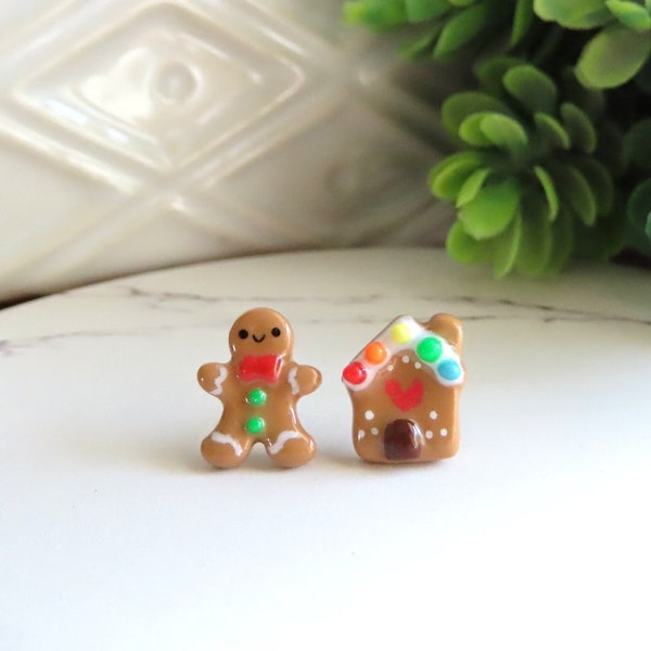 Gingerbread Man and House Earrings, Christmas Earrings, Stocking Stuffer, Holiday Earrings, Titanium Earrings