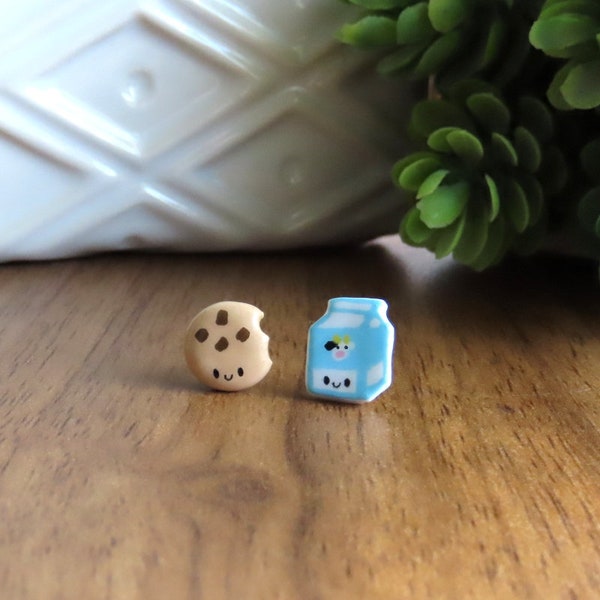 Milk and Cookie Earrings, Kawaii Earrings, Titanium Earrings, Food Earrings, Cute Earrings, Mismatched Studs, Hypoallergenic