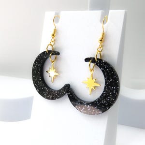 Black Moon Star Earrings – Celestial Dangle Earrings, Witchy Goth Jewelry, Glitter Acrylic Crescent Moon, Gold Star Charm Earrings