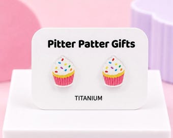 Birthday Cupcake Earrings, Hypoallergenic Titanium Posts