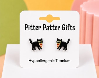 Pizza Cat Earrings, Kawaii Black Cat Earrings, Funny Cat Gift