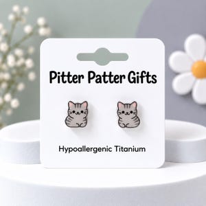 Cat Loaf Earrings, Cute Kawaii Cat Earrings, Hypoallergenic Titanium Posts for Sensitive Ears Gray cats