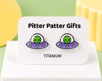 UFO Earrings, Kawaii Earrings, Titanium Posts, Galaxy Jewelry, Sci Fi Gift