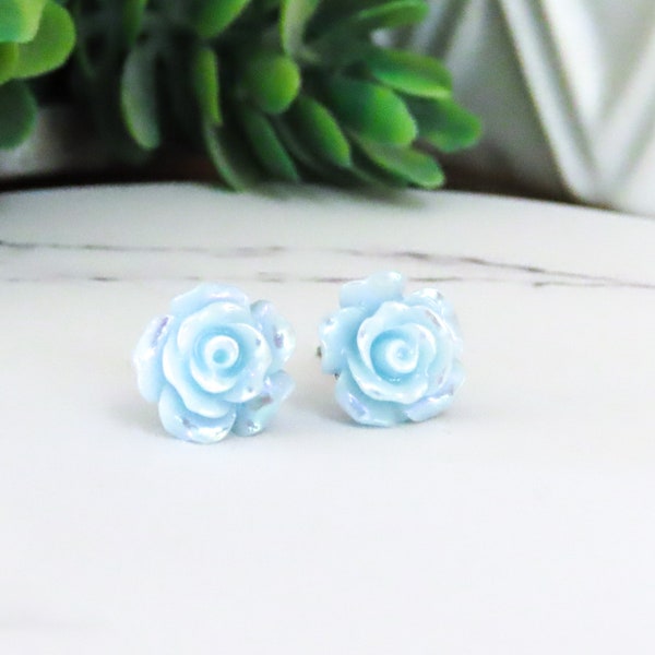 BLUE Rose Earrings, Easter Earrings, Valentine Gift Earrings for Her Titanium Earrings for Sensitive Ears