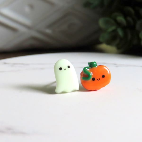 Ghost and Pumpkin Earrings, Mismatched Earrings Studs, Cute Halloween Earrings, Fall Earrings, Nickel Free Earrings, Titanium Earrings