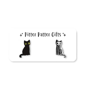 Skeleton Cat Earrings, Halloween Black Cat, Nickel Free, Titanium Posts for Sensitive Ears