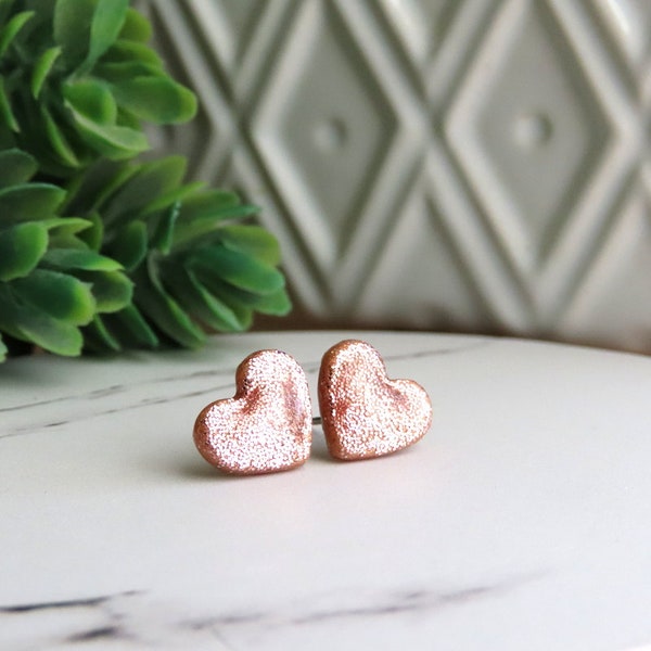 Rose Gold Heart Earrings, Heart Studs, Titanium Earrings, Valentines Day, 10mm