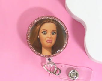 Cringe Doll WTF Badge Reel, Funny Nurse Gift, Disgusted Doll Face, Work ID Clip