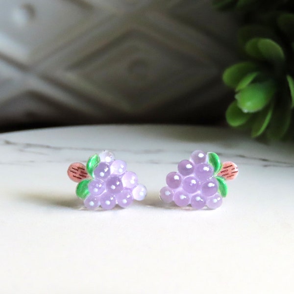 Purple Grape Earrings, Fruit Earrings, Cute Earrings Studs, Hypoallergenic Nickel Free for Sensitive Ears