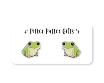 Green Frog Earrings, Frog Studs