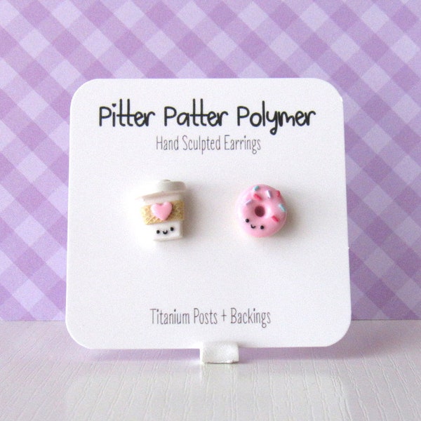 Coffee and Donut Earrings, Funny Coffee Gift, Cute Titanium Earrings, Food Jewelry, Fun Stud Earrings