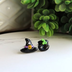 DAINTY Witch Hat Earrings, Witch Hat and Cauldron, Halloween Earrings, Mismatch Studs, Basic Witch